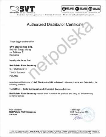 Certyfikat autoryzowanego dystrybutora Net Polska